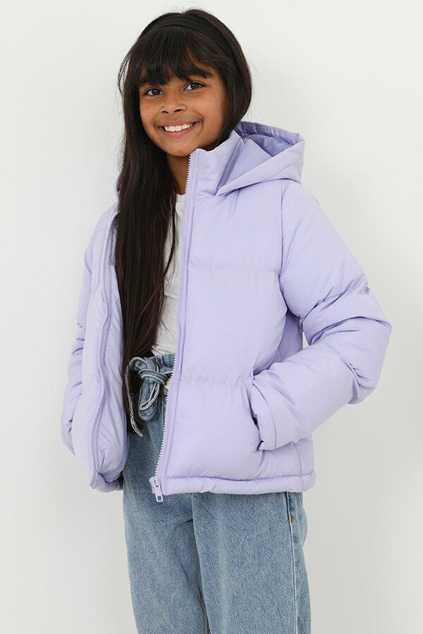Girls Plain Pastel Short Hooded Puffer Jacket