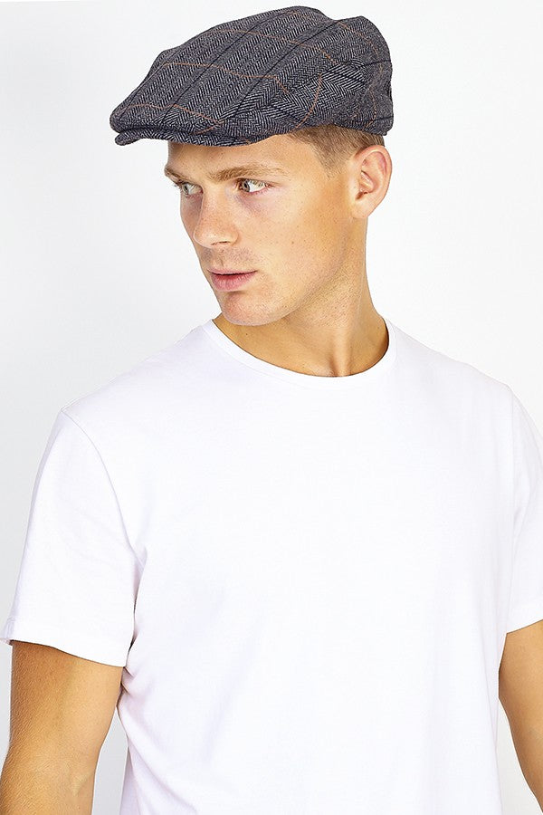 Checked Charcoal Wool Blend Flat Cap