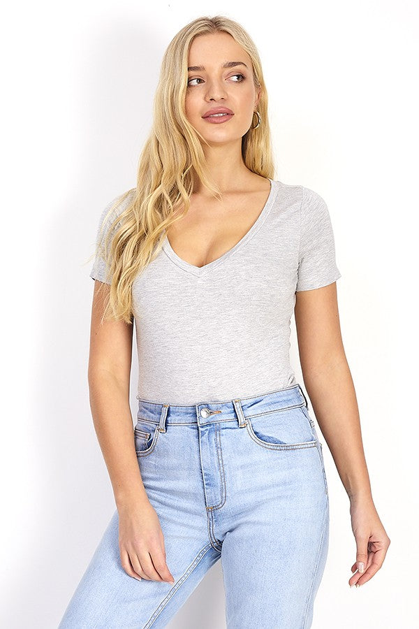Grey Marl Short Sleeve V-Neck T-Shirt Bodysuit