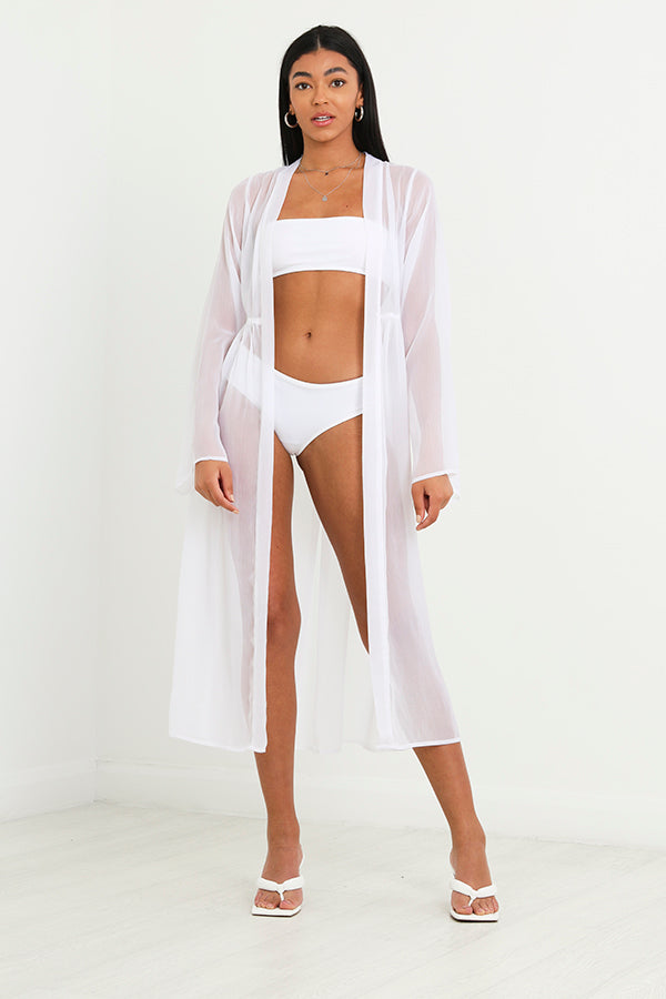 Sheer Chiffon Long Length White Kimono