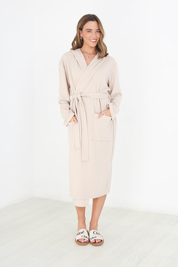 Natural Long Length Hooded Waffle Dressing Gown
