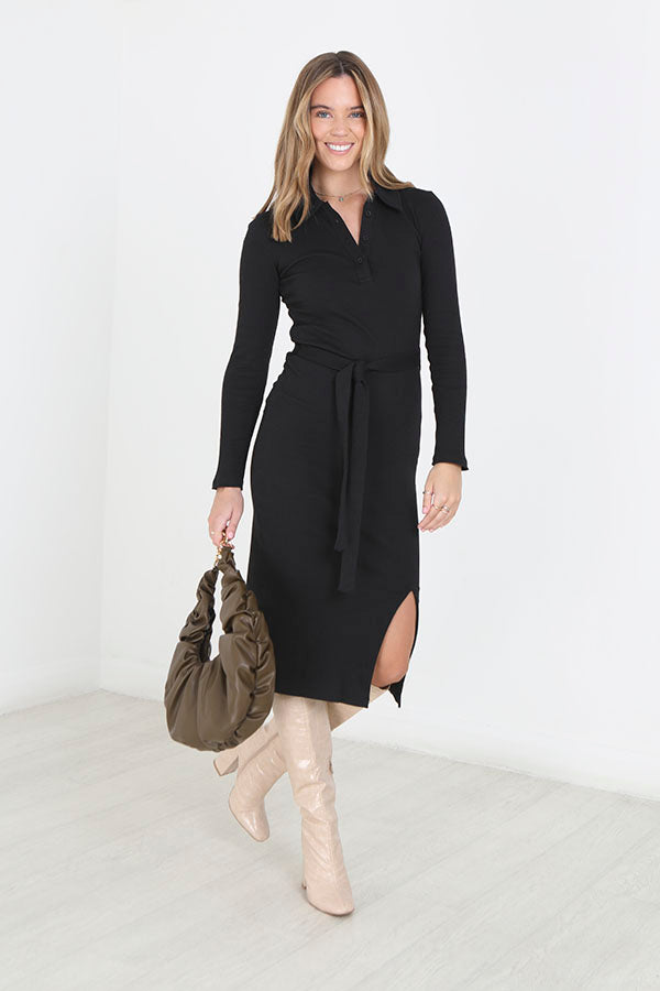 Black Ribbed Long Sleeve Collared Maxi Dress