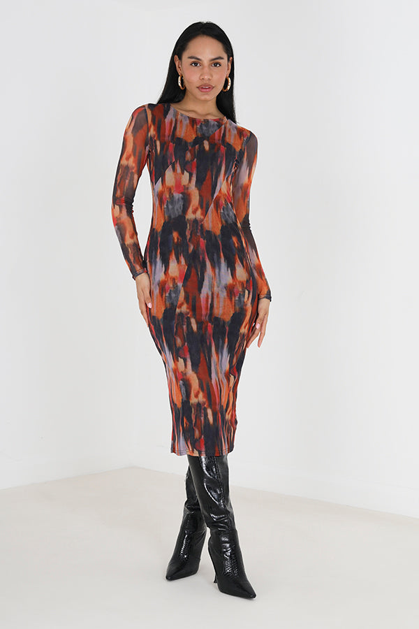 Long Sleeve Printed Mesh Dress