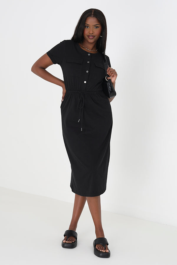 Short Sleeve Tie Waist Midi Utillity Dress