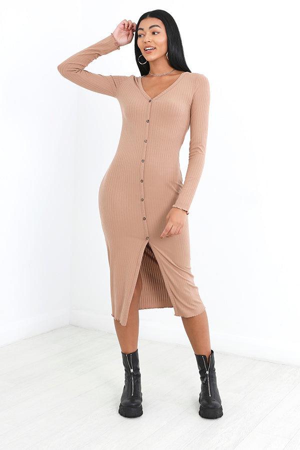 Beige Long Sleeve Ribbed Button Through Midaxi Dress