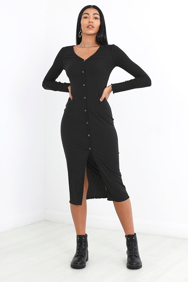 Black Button Through Ribbed Long Sleeve Midaxi Dress