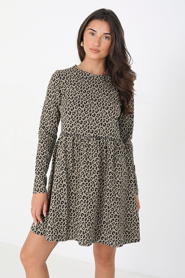 Ladies Long Sleeved Animal Print Mini Smock Dress