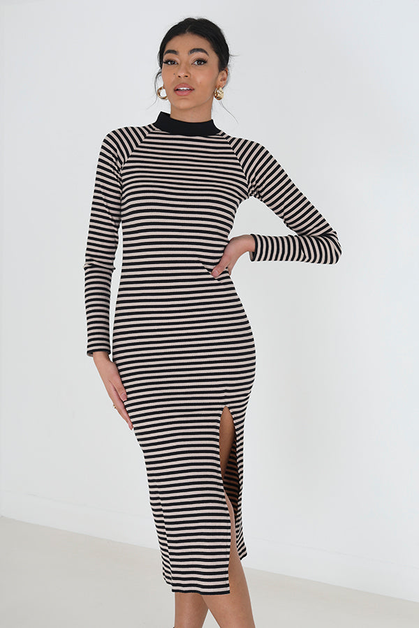 Midi Ribbed Striped Long Sleebed Dress
