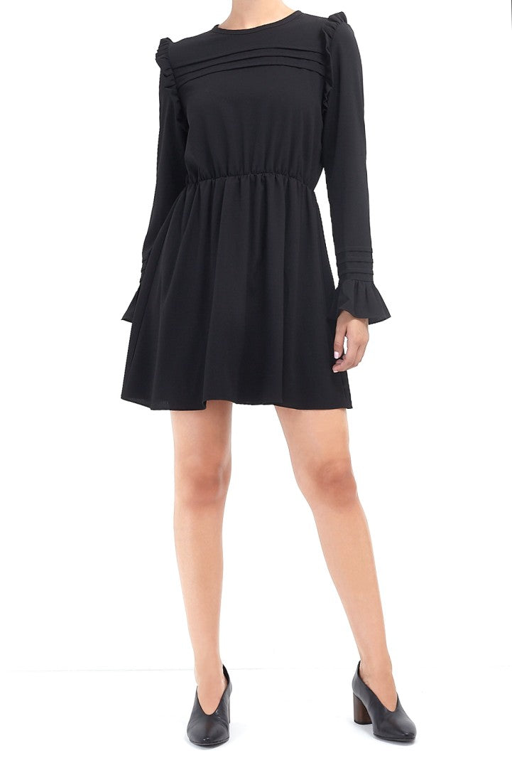 Ruffle Bib Detail Long Sleeve Black Dress