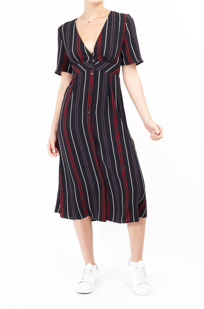 Striped Button Down V-Neck Midi Dress
