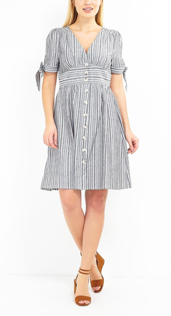 Button Up Striped V-Neck Dress