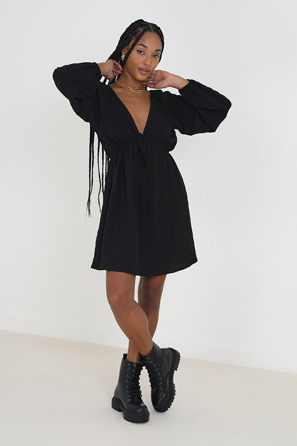 V-Neck Long Puff Sleeve Button Front Mini Dress