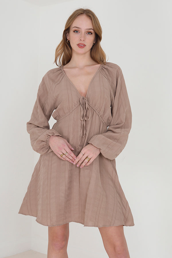 V-Neck Long Puff Sleeve Button Front Mini Dress