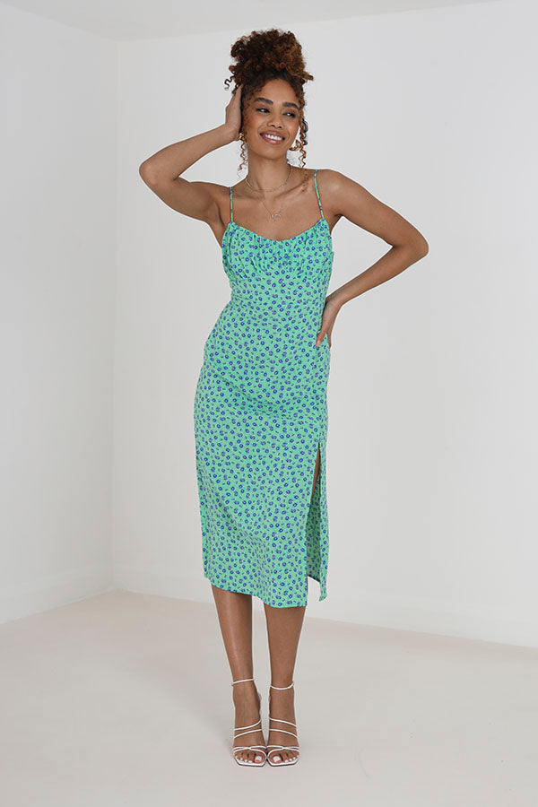 Green Floral Print Strappy Midi Dress