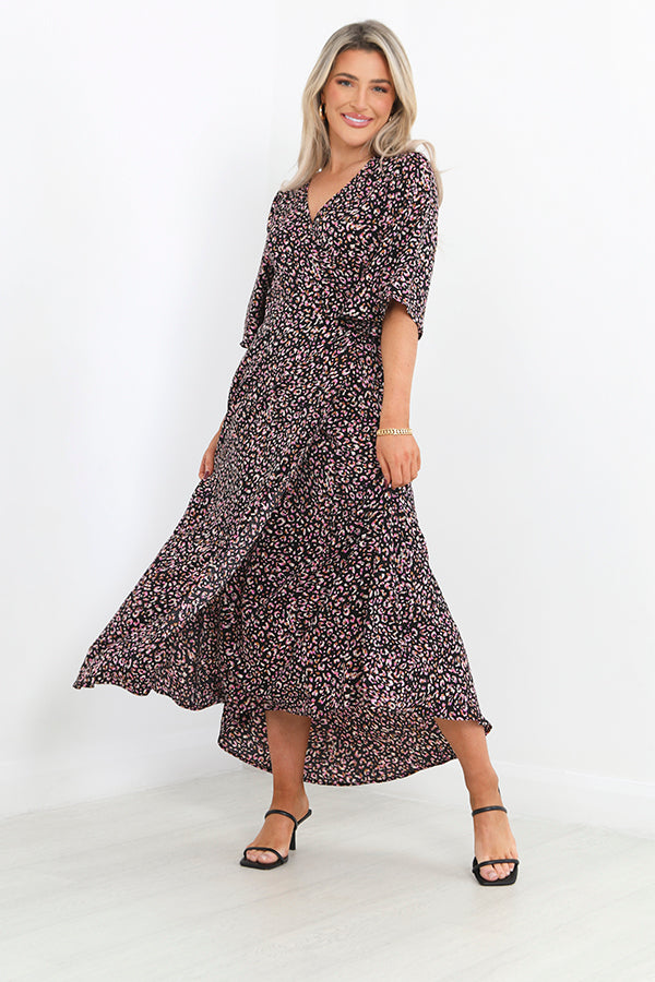 Multicoloured Abstract Print Long Length Wrap Dress