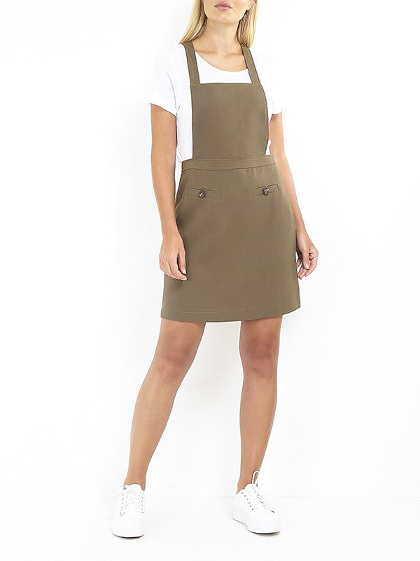 Contrast Stitch Detail Khaki Pinafore Dress