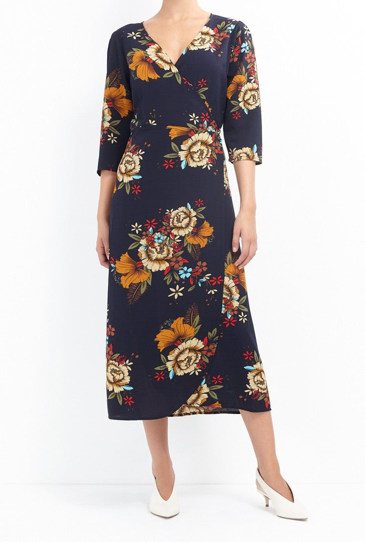 Long Length Navy Floral Print Wrap Dress