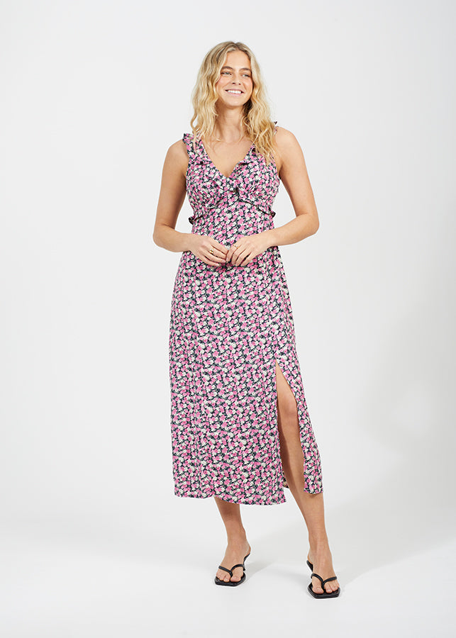 Sleevless Ruffle Detail Printed Maxi Dress