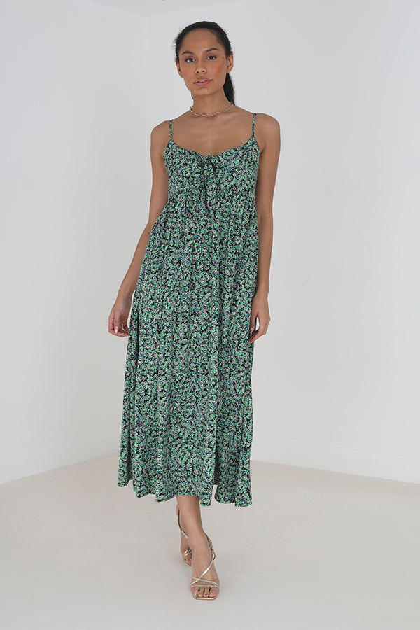 Green Knot Floral Strappy Midi Dress