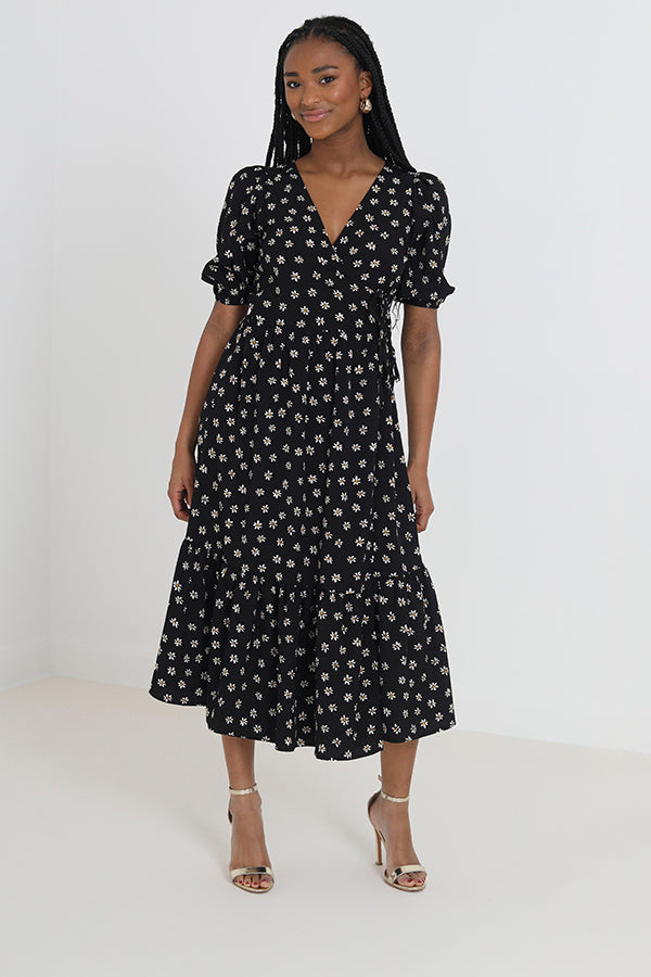 Floral Print V Neck Wrap Front Midi Dress