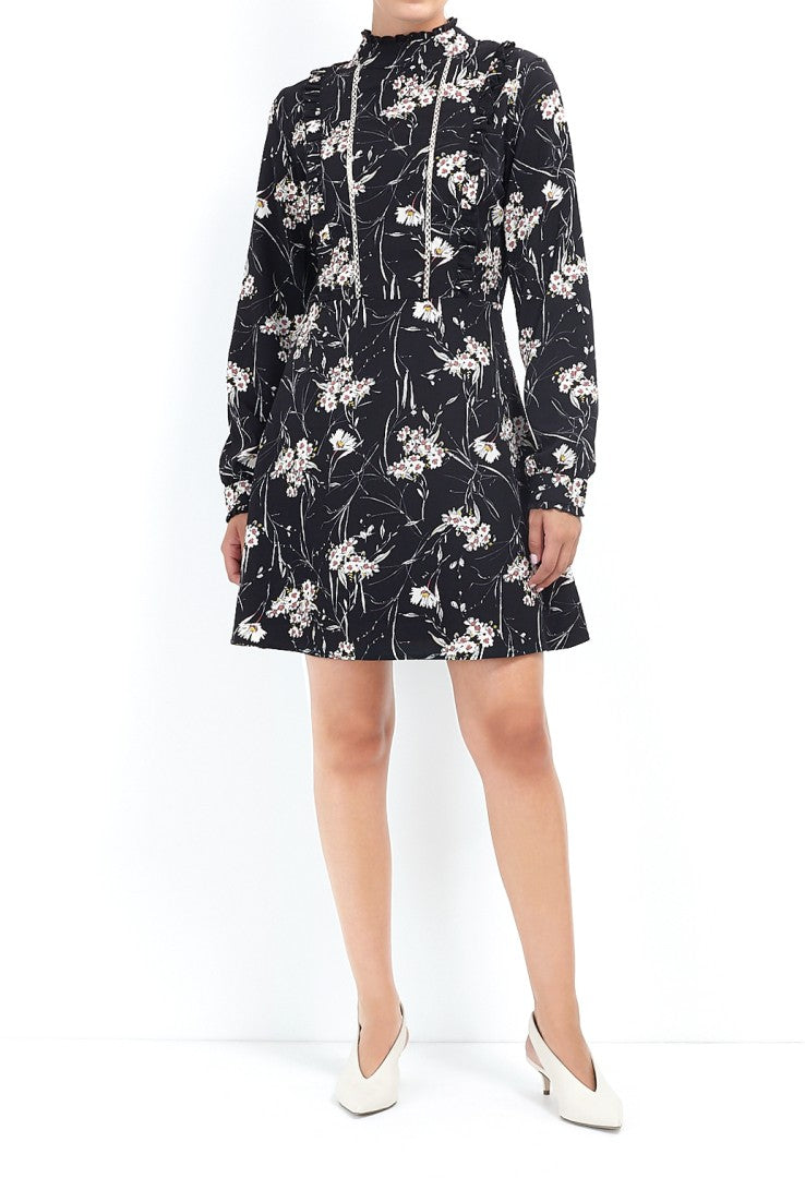 Frilled High Neck Floral Print Dress