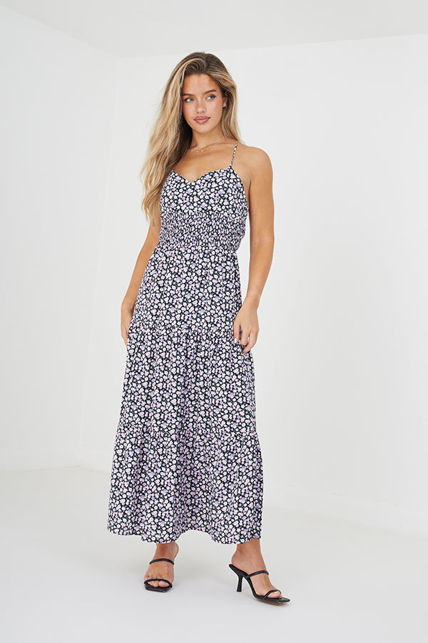 Floral Print Strappy V-Neck Midi Dress
