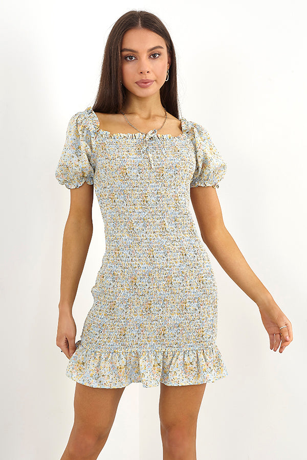 Floral Print Shirred Puff Sleeve Mini Dress