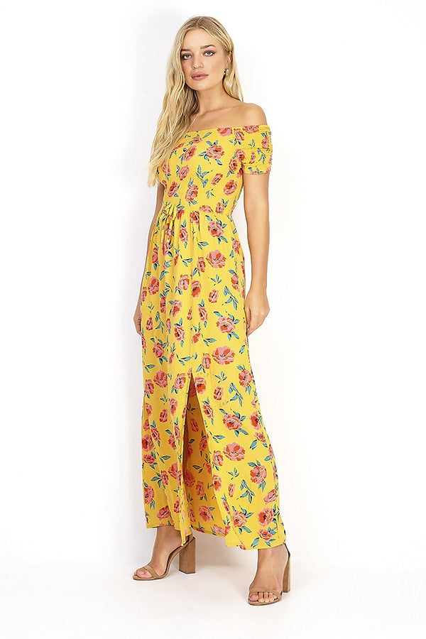 Yellow Floral Print Maxi Bardot Dress