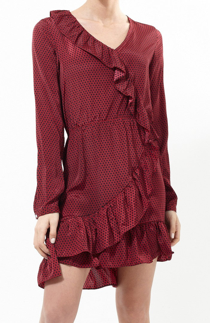 Polka Dot Print Ruffle Detail Wrap Dress