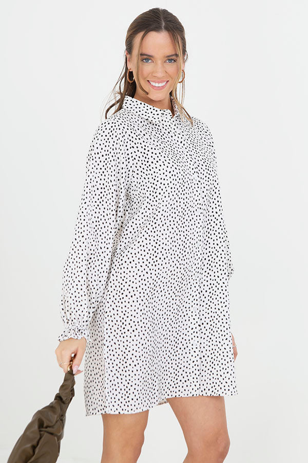 White Dalmation Printed Curved Hem Shirt Dress