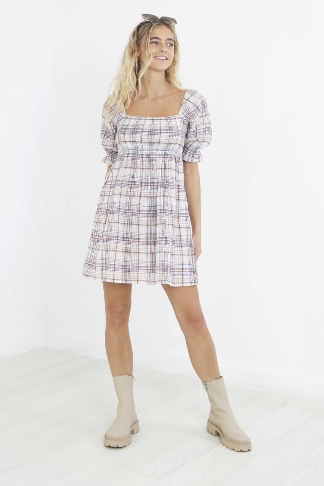 Checkered Print Puff Sleeve Milkmaid Dress