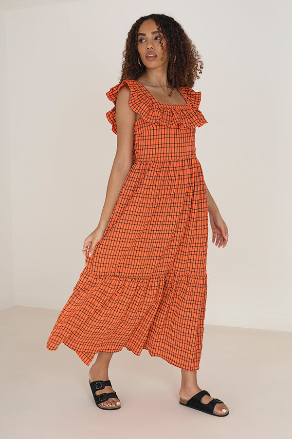 Orange Checked Tie Back Frill Detail Maxi Dress