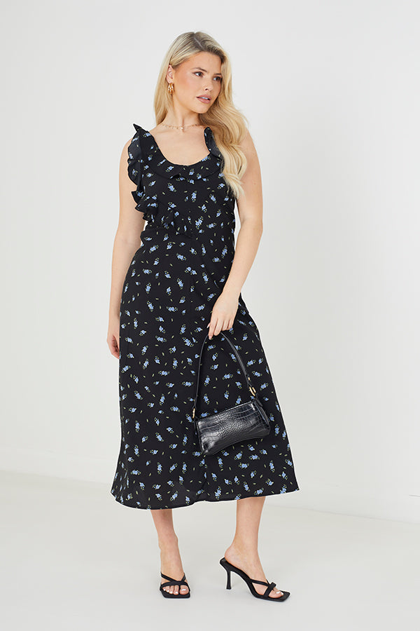 Floral Print Tie Strap Maxi Dress With Frill At Bust
