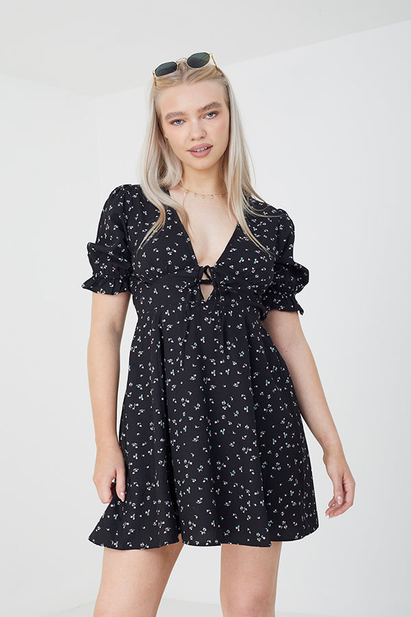 Floral Print V-Neck Elasticated Short Sleeves Dress