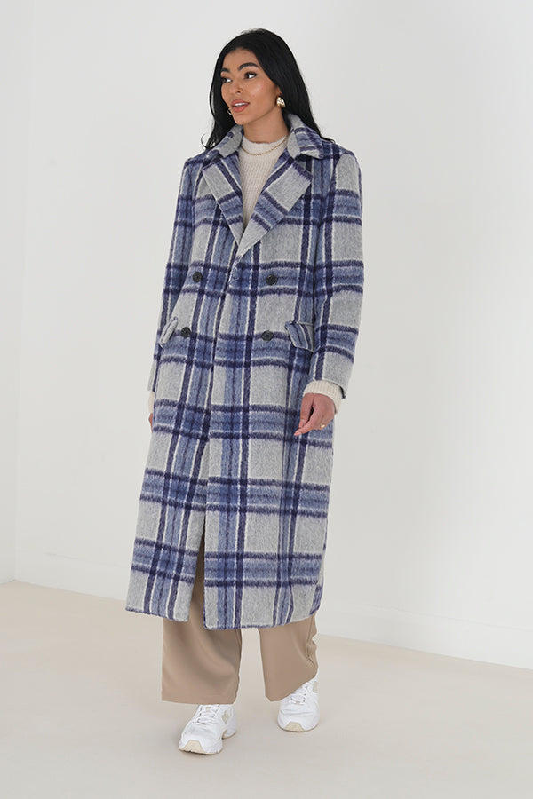 Double Breasted Check Pattern Long Coat Faux Wool