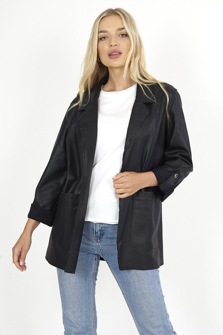 Black Faux Suede Turn Up Sleeve Blazer