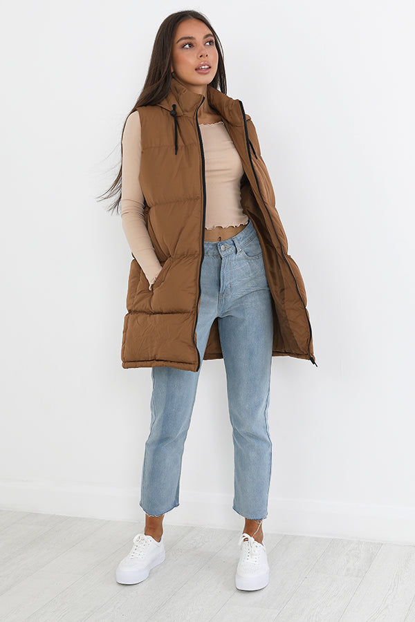 Toffee Longer Length Hooded Puffer Gilet