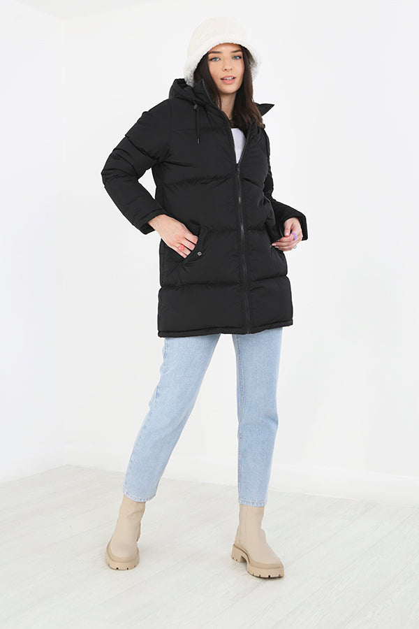 Black Zip Through Longer Length Padded Jacket