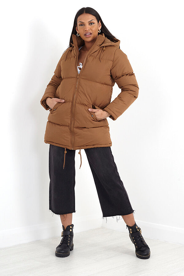 Toffee Padded Puffer Style Long Hooded Coat