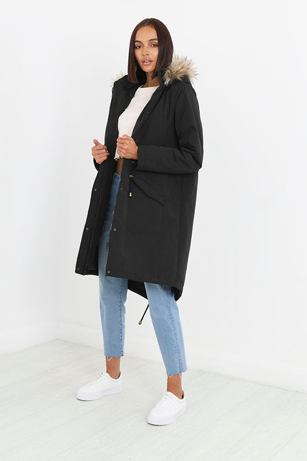 Black Longline Faux Fur Hooded Parka Coat
