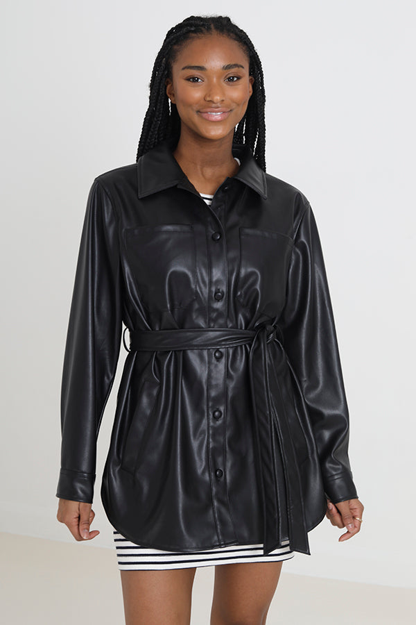 Black Faux Leather Tie Belt Long Sleeve Jacket