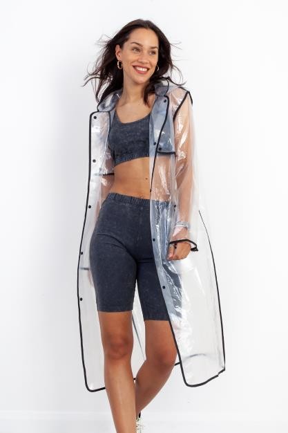 Black Binding Detail See Through Rain Mac