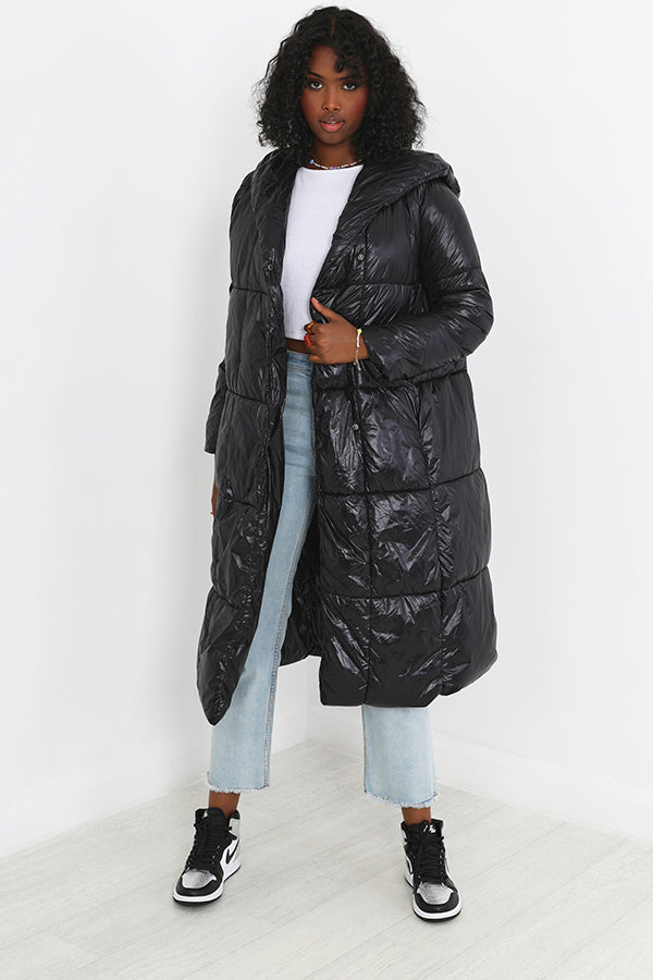 Black High Shine Longline Quilted Jacket