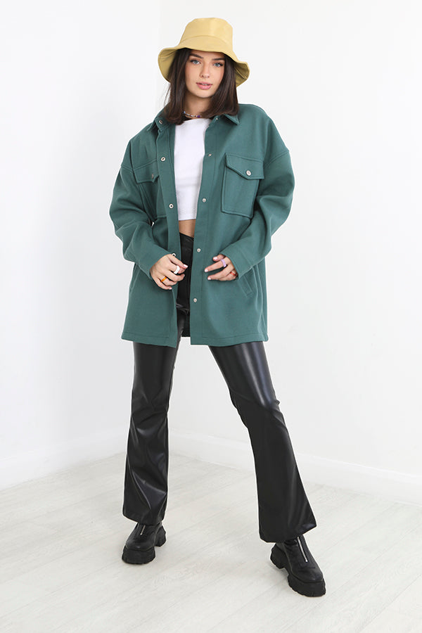 Dark Sage Button Through Patch Pocket Detail Shacket