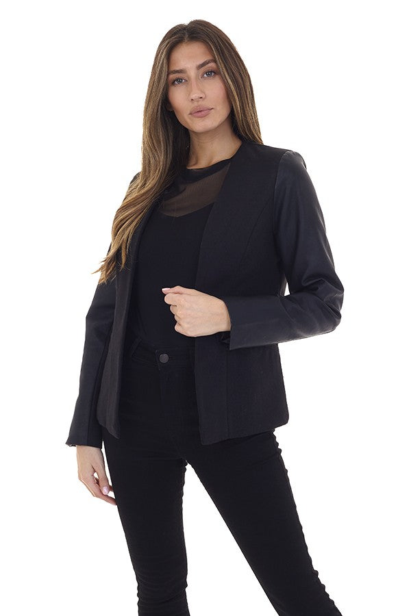 Faux Black Wool Pu Sleeve Melton Blazer