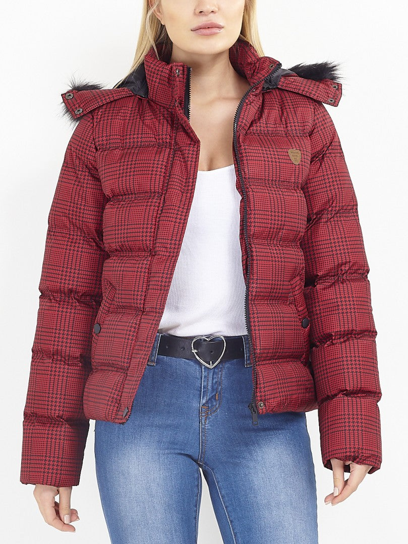 Red Dogtooth Checked Padded Puffer Jacket
