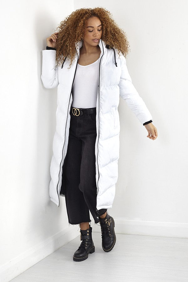 White Longline Padded Fur Trim Hooded Coat