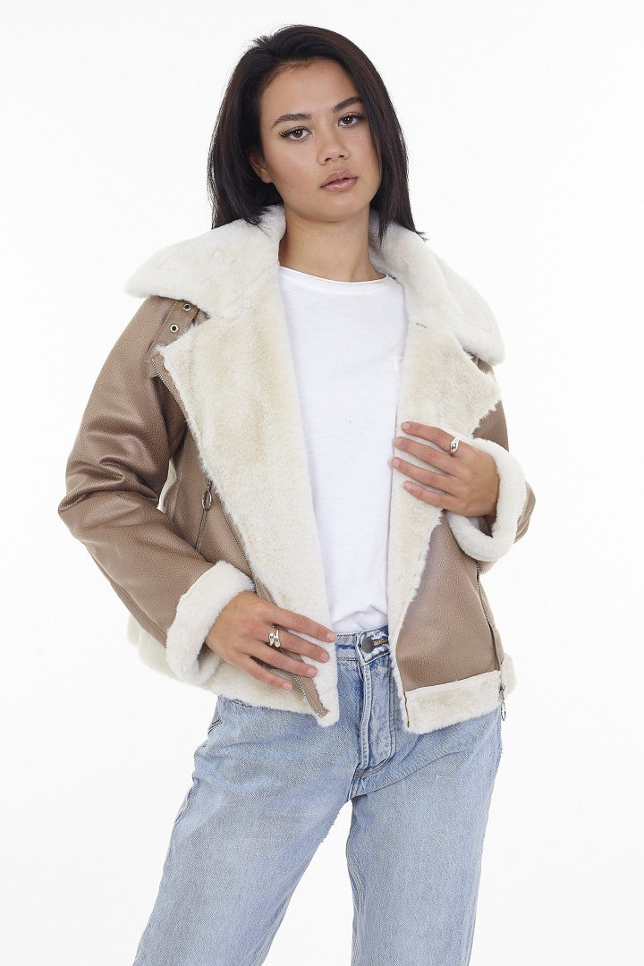 Shearling Detail Camel Faux Suede Aviator Jacket