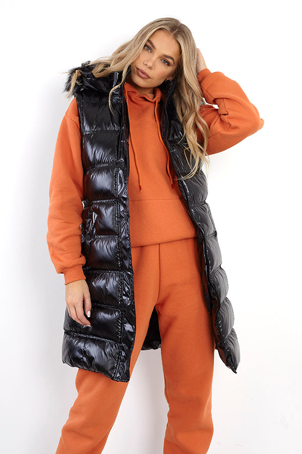 Black High Shine Longline Hooded Padded Gilet