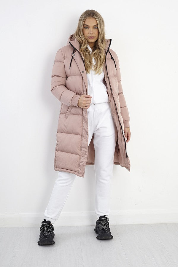 Dusky Pink Longline Zip Quilted Hooded Padded Coat